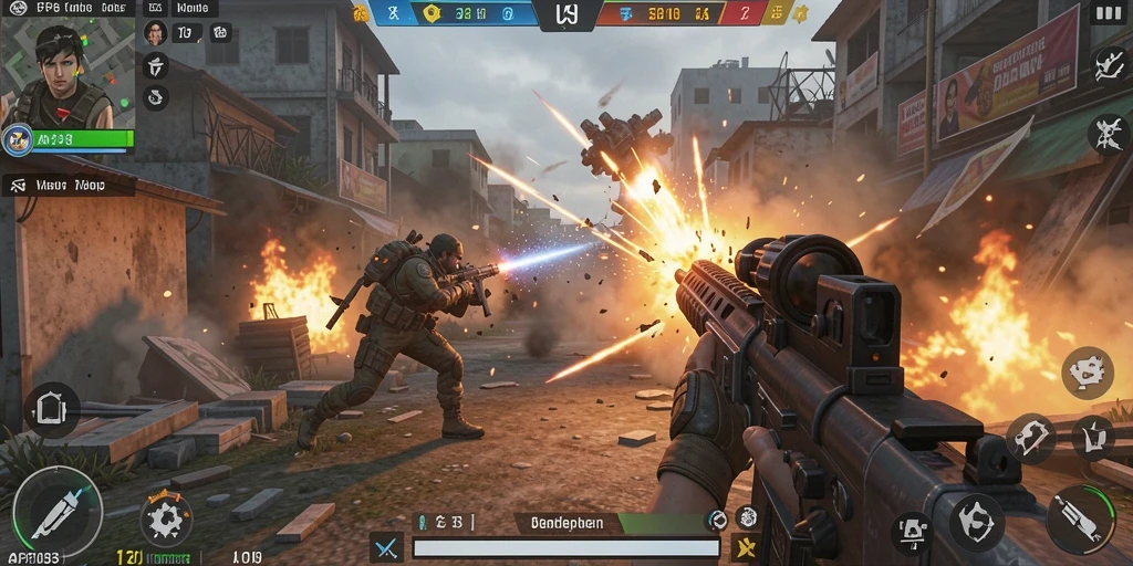 Screenshot gameplay API33 menampilkan aksi pertempuran FPS yang mendebarkan.
