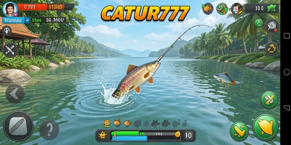 Tampilan gameplay CATUR777 dengan ikan yang melompat dan pemandangan laut yang indah.
