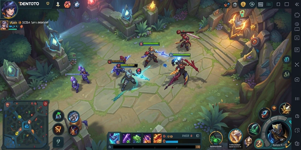 Screenshot DENTOTO menunjukkan aksi pertarungan dinamis di arena MOBA.