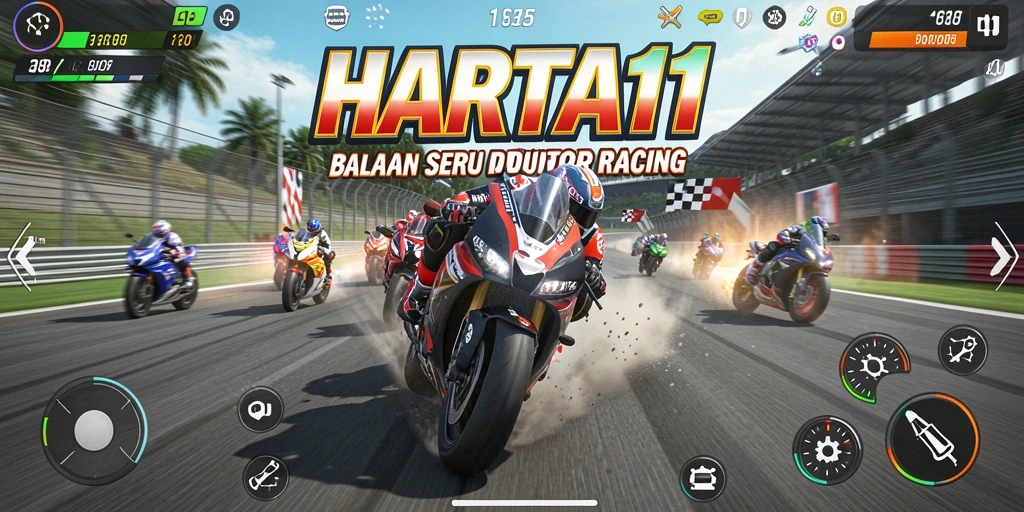 Tampilan gameplay HARTA11 yang menampilkan aksi balapan motor yang mendebarkan.