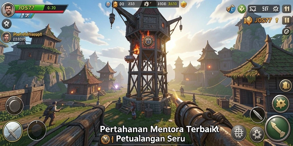 Screenshot gameplay JOS77 yang menunjukkan menara bertempur melawan musuh.
