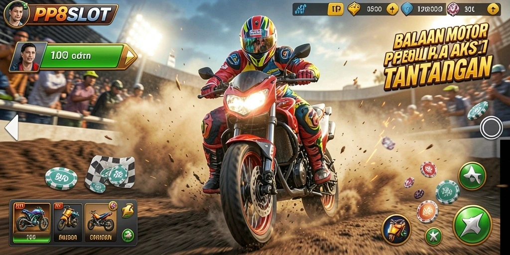 Gameplay PP8SLOT yang penuh aksi di trek balap motor.