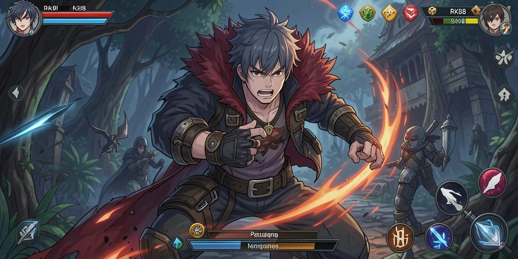 Screenshot gameplay RK88 menampilkan pertarungan karakter Anime yang seru.